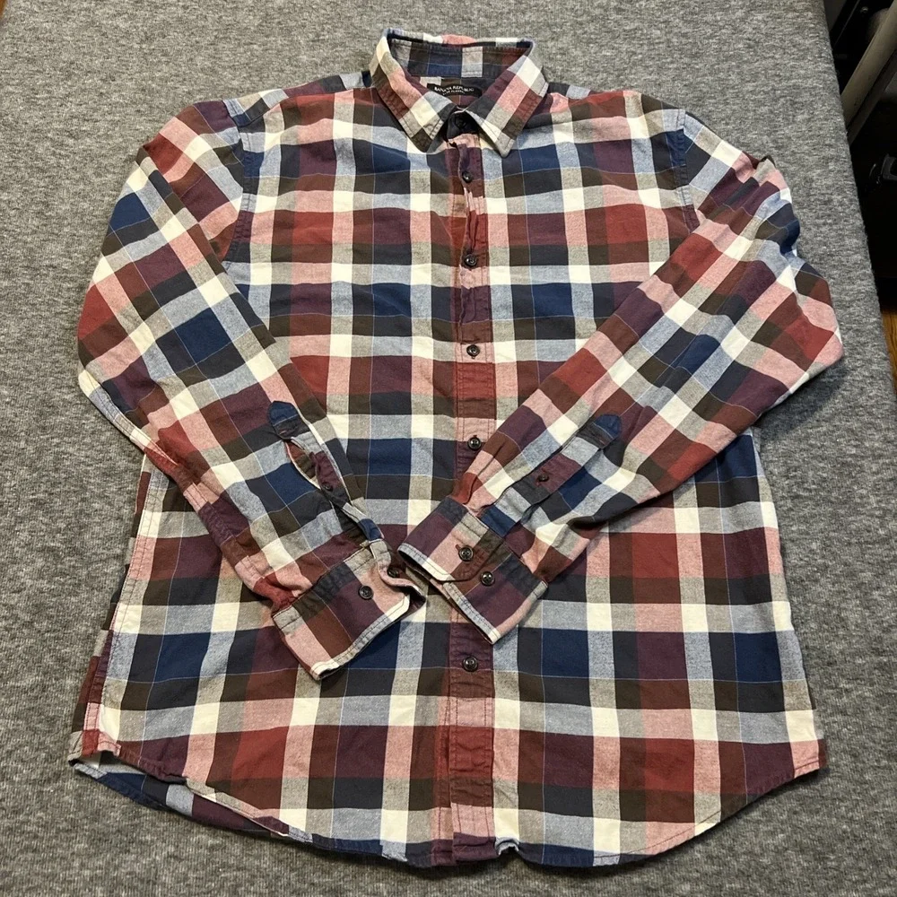 Banana Republic LUXE FLANNEL Shirt Men's Large Red Gray Blue Plaid Ready To Wear
